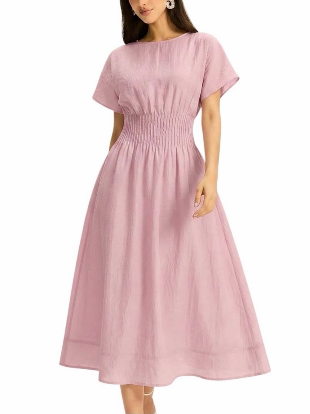 Commense Dusty Rose Pink Smocked Waist Midi Dress Large NWT - Picture 1 of 11
